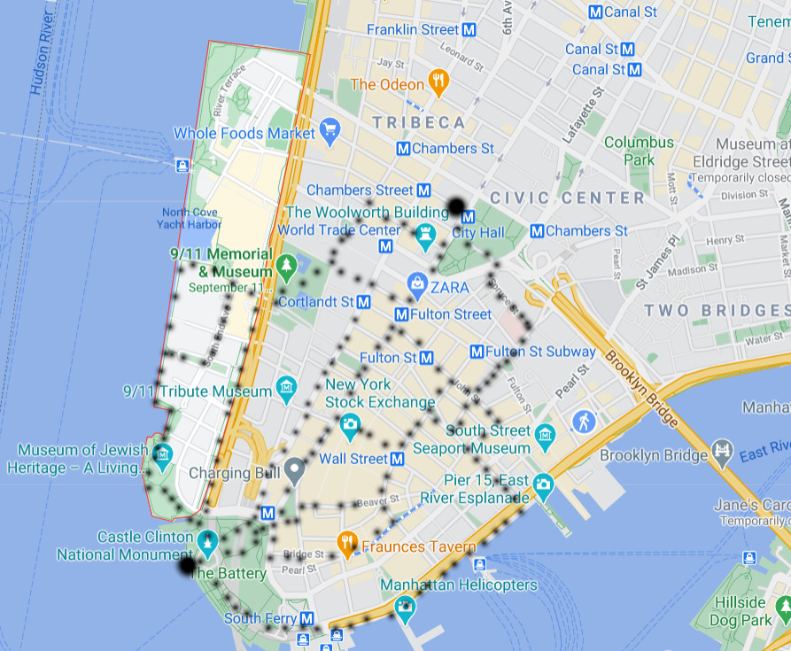 A view of the Manhattan city skyline from a hilltop park in Brooklyn reveals hundreds of steel and glass skyscrapers.